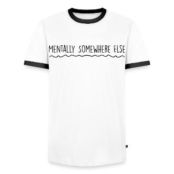 Mentally somewhere else - Men's Ringer Shirt - white/black - Front - AI Model Female 172 light (172cm) & AI Model Male 178 dark (178cm)