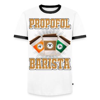 Propofol Barista - Laryngoskop Narkose Anästhesie - Männer Kontrast-T-Shirt - Weiß/Schwarz - Vorne - AI Model Female 172 light (172cm) & AI Model Male 178 dark (178cm)