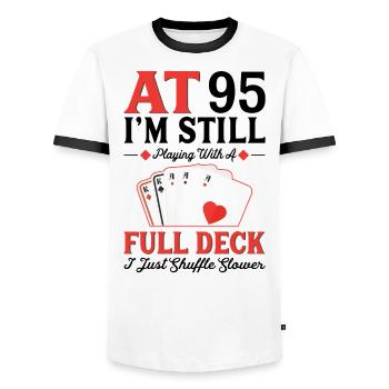 Jeux de cartes de jeu – 95e anniversaire - T-shirt contrasté Homme - blanc/noir - Devant - AI Model Female 172 light (172cm) & AI Model Male 178 dark (178cm)