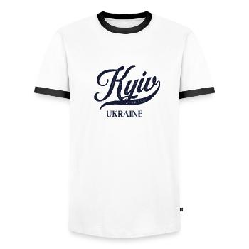 Retro Ukraine City - Vintage Kyiv - Men's Ringer Shirt - white/black - Front - AI Model Female 172 light (172cm) & AI Model Male 178 dark (178cm)