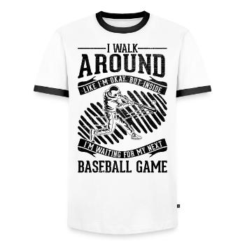 I walk around well - Baseball - Men's Ringer Shirt - white/black - Front - AI Model Female 172 light (172cm) & AI Model Male 178 dark (178cm)