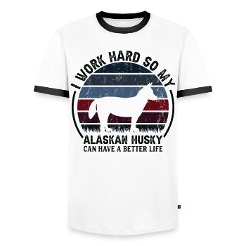 Work Hard - Retro Alaskan Husky - Men's Ringer Shirt - white/black - Front - AI Model Female 172 light (172cm) & AI Model Male 178 dark (178cm)