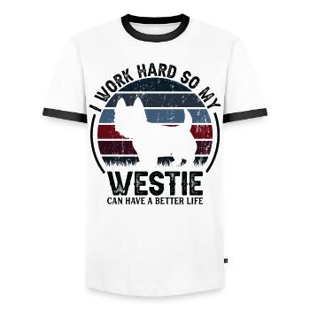 Work Hard - Retro Westie - Men's Ringer Shirt - white/black - Front - AI Model Female 172 light (172cm) & AI Model Male 178 dark (178cm)
