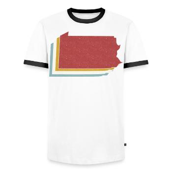 USA State - Vintage Map Pennsylvania - Men's Ringer Shirt - white/black - Front - AI Model Female 172 light (172cm) & AI Model Male 178 dark (178cm)