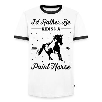 Riding a lacquer horse - Men's Ringer Shirt - white/black - Front - AI Model Female 172 light (172cm) & AI Model Male 178 dark (178cm)
