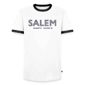 USA City Coordinates - Salem - Men's Ringer Shirt - white/black - Front - AI Model Female 172 light (172cm) & AI Model Male 178 dark (178cm)