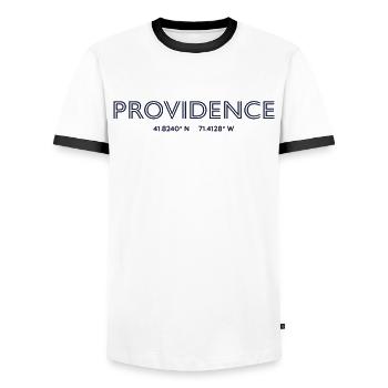 USA Stadt Koordinaten - Providence - Männer Kontrast-T-Shirt - Weiß/Schwarz - Vorne - AI Model Female 172 light (172cm) & AI Model Male 178 dark (178cm)