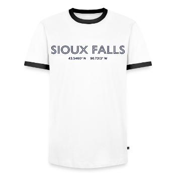 USA City Coordinates - Sioux Falls - Men's Ringer Shirt - white/black - Front - AI Model Female 172 light (172cm) & AI Model Male 178 dark (178cm)