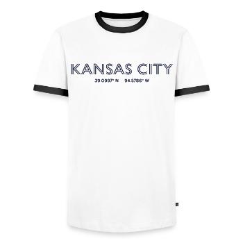 USA City Coordinates - Kansas City - Men's Ringer Shirt - white/black - Front - AI Model Female 172 light (172cm) & AI Model Male 178 dark (178cm)