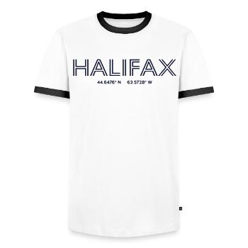 Canada Stadt Koordinaten - Halifax - Männer Kontrast-T-Shirt - Weiß/Schwarz - Vorne - AI Model Female 172 light (172cm) & AI Model Male 178 dark (178cm)