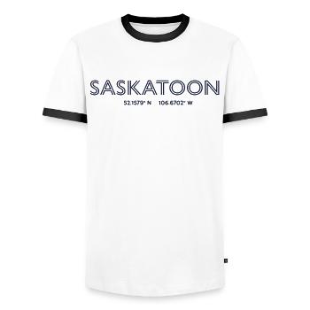 Coordonnées de la ville de Canada - Saskatoon - T-shirt contrasté Homme - blanc/noir - Devant - AI Model Female 172 light (172cm) & AI Model Male 178 dark (178cm)