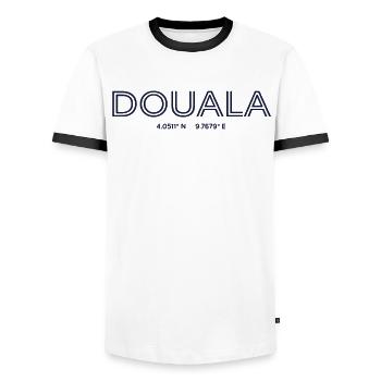 Coordonnées de la ville du Cameroun - Douala - T-shirt contrasté Homme - blanc/noir - Devant - AI Model Female 172 light (172cm) & AI Model Male 178 dark (178cm)