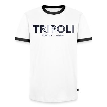 Libya Stadt Koordinaten - Tripoli - Männer Kontrast-T-Shirt - Weiß/Schwarz - Vorne - AI Model Female 172 light (172cm) & AI Model Male 178 dark (178cm)