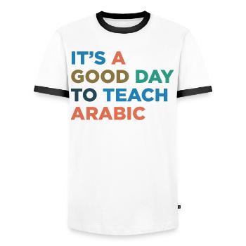 Teaching Arabic teachers - Men's Ringer Shirt - white/black - Front - AI Model Female 172 light (172cm) & AI Model Male 178 dark (178cm)
