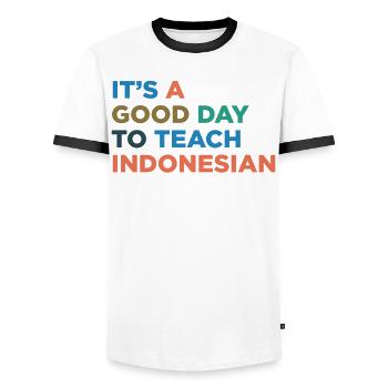 Unterrichte Indonesischen Lehrer - Männer Kontrast-T-Shirt - Weiß/Schwarz - Vorne - AI Model Female 172 light (172cm) & AI Model Male 178 dark (178cm)