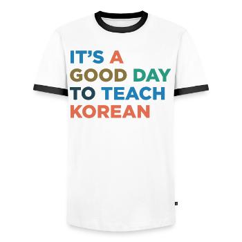 Enseigner les professeurs de coréen - T-shirt contrasté Homme - blanc/noir - Devant - AI Model Female 172 light (172cm) & AI Model Male 178 dark (178cm)