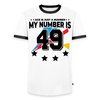 Age is just a number – 49th birthday - Men's Ringer Shirt - white/black - Front - AI Model Female 172 light (172cm) & AI Model Male 178 dark (178cm)
