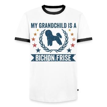 My grandchild is a Bichon Frise - Men's Ringer Shirt - white/black - Front - AI Model Female 172 light (172cm) & AI Model Male 178 dark (178cm)