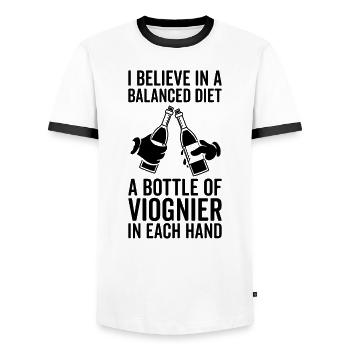 Bouteille diététique équilibrée Viognier amateur - T-shirt contrasté Homme - blanc/noir - Devant - AI Model Female 172 light (172cm) & AI Model Male 178 dark (178cm)