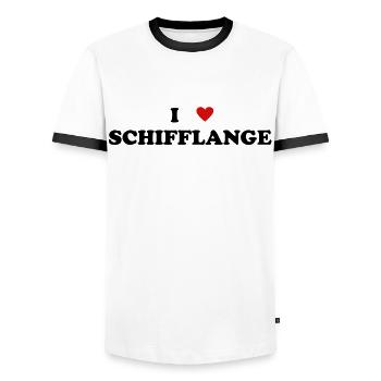 Cœur de la ville de Luxembourg - J’aime Schifflange - T-shirt contrasté Homme - blanc/noir - Devant - AI Model Female 172 light (172cm) & AI Model Male 178 dark (178cm)