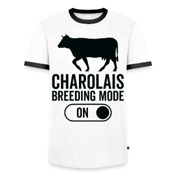 Mode d’élevage de vaches activé - Charolais - T-shirt contrasté Homme - blanc/noir - Devant - AI Model Female 172 light (172cm) & AI Model Male 178 dark (178cm)