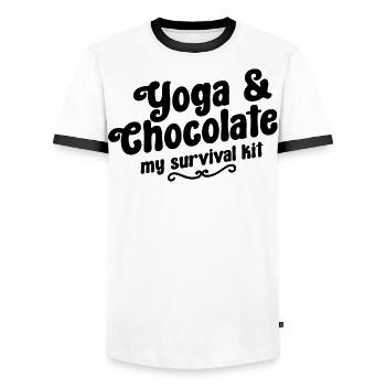 Yoga and Chocolate - Tahirt Funny Yoga - Men's Ringer Shirt - white/black - Front - AI Model Female 172 light (172cm) & AI Model Male 178 dark (178cm)