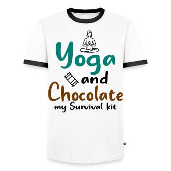 Yoga and Chocolate - Tahirt Funny Yoga - Men's Ringer Shirt - white/black - Front - AI Model Female 172 light (172cm) & AI Model Male 178 dark (178cm)
