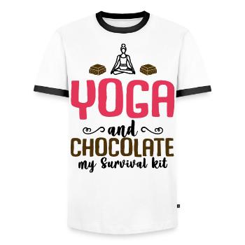 Yoga and Chocolate - Tahirt Funny Yoga - Men's Ringer Shirt - white/black - Front - AI Model Female 172 light (172cm) & AI Model Male 178 dark (178cm)
