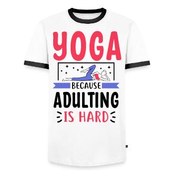 Emménager est difficile - Tahirt Funny Yoga - T-shirt contrasté Homme - blanc/noir - Devant - AI Model Female 172 light (172cm) & AI Model Male 178 dark (178cm)