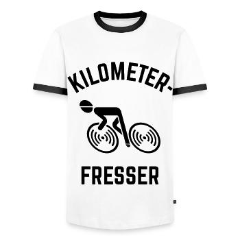 Kilometerfresser Rennradfahrer (Rennrad / L<–R) - Männer Kontrast-T-Shirt - Weiß/Schwarz - Vorne - AI Model Female 172 light (172cm) & AI Model Male 178 dark (178cm)