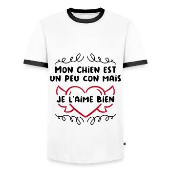 Mon Chien est un peu con mais je l'aime bien - T-shirt contrasté Homme - blanc/noir - Devant - AI Model Female 172 light (172cm) & AI Model Male 178 dark (178cm)