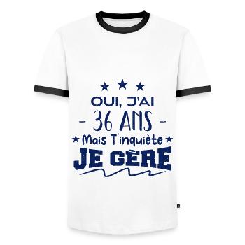 Oui, j'ai 36 ans mais t'inquiète, je gère - T-shirt contrasté Homme - blanc/noir - Devant - AI Model Female 172 light (172cm) & AI Model Male 178 dark (178cm)