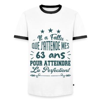63 ans / perfection - T-shirt contrasté Homme - blanc/noir - Devant - AI Model Female 172 light (172cm) & AI Model Male 178 dark (178cm)