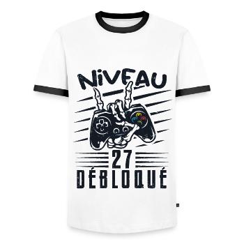 Niveau 27 Débloqué | cadeau de joueur - T-shirt contrasté Homme - blanc/noir - Devant - AI Model Female 172 light (172cm) & AI Model Male 178 dark (178cm)
