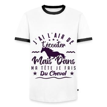 Dans ma tête je fais du cheval, Cadeau équitation - T-shirt contrasté Homme - blanc/noir - Devant - AI Model Female 172 light (172cm) & AI Model Male 178 dark (178cm)