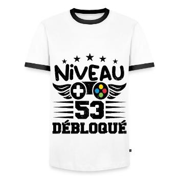 Niveau 53 débloqué - idée cadeau anniversaire - T-shirt contrasté Homme - blanc/noir - Devant - AI Model Female 172 light (172cm) & AI Model Male 178 dark (178cm)