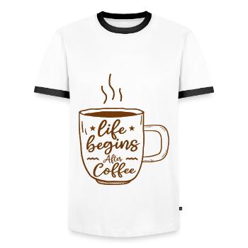 Life begins after coffee - Men's Ringer Shirt - white/black - Front - AI Model Female 172 light (172cm) & AI Model Male 178 dark (178cm)
