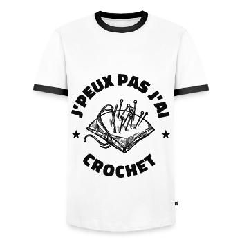 j'peux pas j'ai crochet humour couture - T-shirt contrasté Homme - blanc/noir - Devant - AI Model Female 172 light (172cm) & AI Model Male 178 dark (178cm)