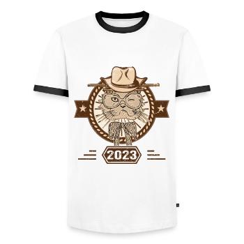 2023 | Geburtstagsgeschenk | Katzenliebhaber - Männer Kontrast-T-Shirt - Weiß/Schwarz - Vorne - AI Model Female 172 light (172cm) & AI Model Male 178 dark (178cm)