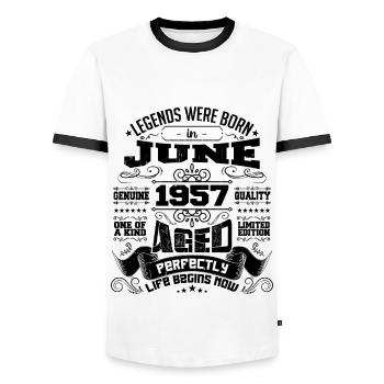 1957 June Anniversary 1957 June | born June 1957 - Men's Ringer Shirt - white/black - Front - AI Model Female 172 light (172cm) & AI Model Male 178 dark (178cm)