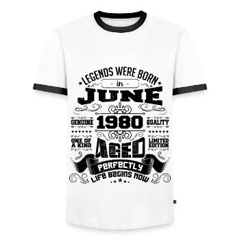 1980 Juin Anniversaire 1980 Juin | né en June 1980 - T-shirt contrasté Homme - blanc/noir - Devant - AI Model Female 172 light (172cm) & AI Model Male 178 dark (178cm)