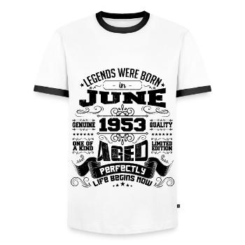 1953 Juni Jubiläum 1953 Juni | geboren im Juni 1953 - Männer Kontrast-T-Shirt - Weiß/Schwarz - Vorne - AI Model Female 172 light (172cm) & AI Model Male 178 dark (178cm)