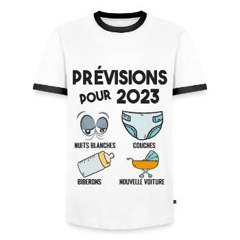 Prévisions pour 2023 Humour Futur Papa pour 2023 - T-shirt contrasté Homme - blanc/noir - Devant - AI Model Female 172 light (172cm) & AI Model Male 178 dark (178cm)