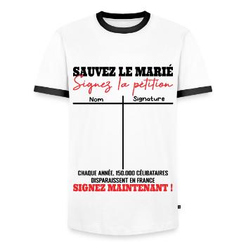 Enterrement de Vie de Jeune Garçon EVJG Pétition - T-shirt contrasté Homme - blanc/noir - Devant - AI Model Female 172 light (172cm) & AI Model Male 178 dark (178cm)