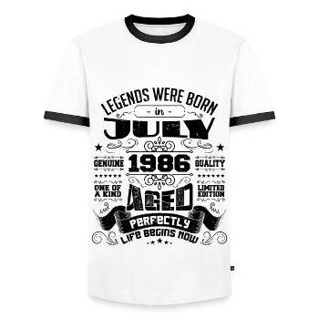 1986 July Birthday Gift July 1986 - Men's Ringer Shirt - white/black - Front - AI Model Female 172 light (172cm) & AI Model Male 178 dark (178cm)