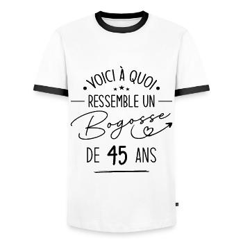 Bogosse 45 ans Cadeau Humour Anniversaire 45 ans - T-shirt contrasté Homme - blanc/noir - Devant - AI Model Female 172 light (172cm) & AI Model Male 178 dark (178cm)