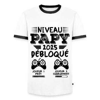 Niveau Papy Débloqué Futur Grand Père 2025 Cadeau - T-shirt contrasté Homme - blanc/noir - Devant - AI Model Female 172 light (172cm) & AI Model Male 178 dark (178cm)