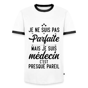 Je ne suis pas parfaite mais je suis médecin - T-shirt contrasté Homme - blanc/noir - Devant - AI Model Female 172 light (172cm) & AI Model Male 178 dark (178cm)