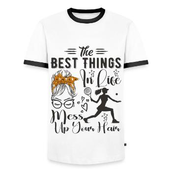 The Best Things In Life Mess Up Your Hair Tennis - T-shirt contrasté Homme - blanc/noir - Devant - AI Model Female 172 light (172cm) & AI Model Male 178 dark (178cm)