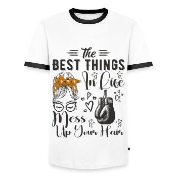 The Best Things In Life Mess Up Your Hair Boxing - Men's Ringer Shirt - white/black - Front - AI Model Female 172 light (172cm) & AI Model Male 178 dark (178cm)